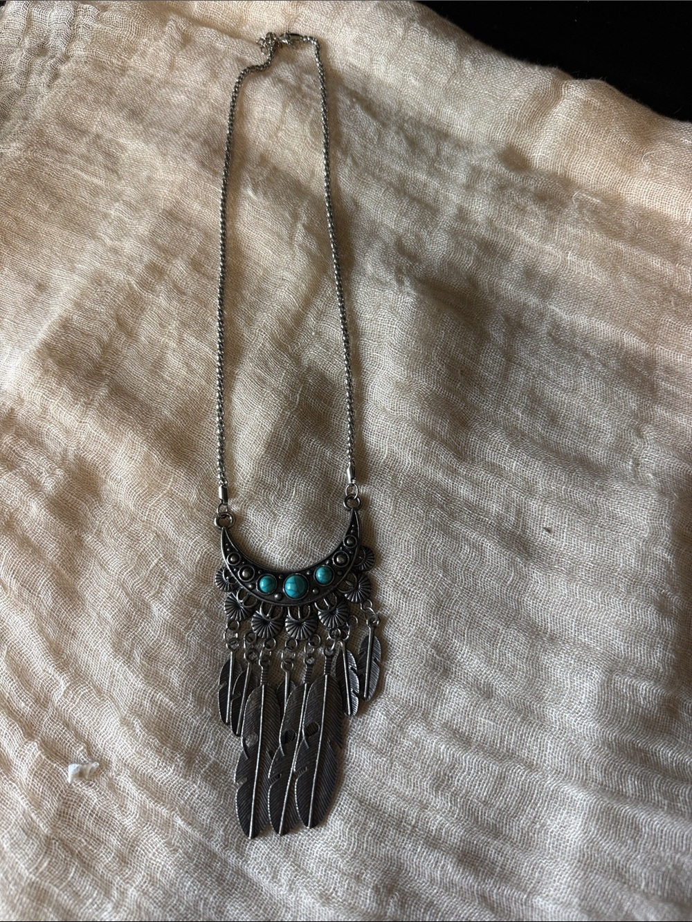 Boho Silver Feather Fringe Necklace with Turquoise Accents